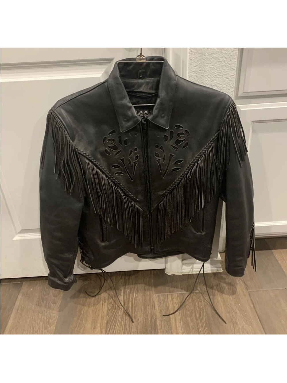 Leather Gallery Leather Jacket Womens L Black Fringe Western Biker Rose Cutout